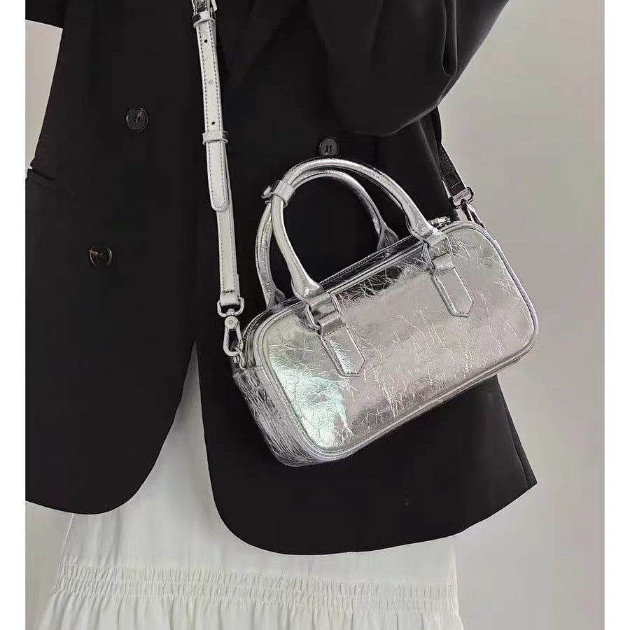 Retro crossbody bag, small square bag, small top handle purse metallic