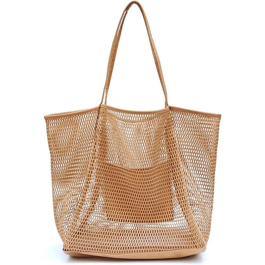 Large Capacity Ladies Beach Bag - Hollow Mesh Tote for Outdoor Travel & Storage