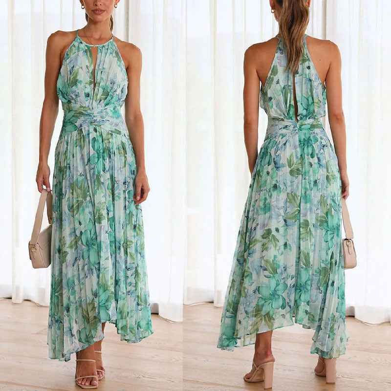 Neck Sleeveless V-Neck Printed Pendulum Dress Backless Maxi Dress Women Sexy