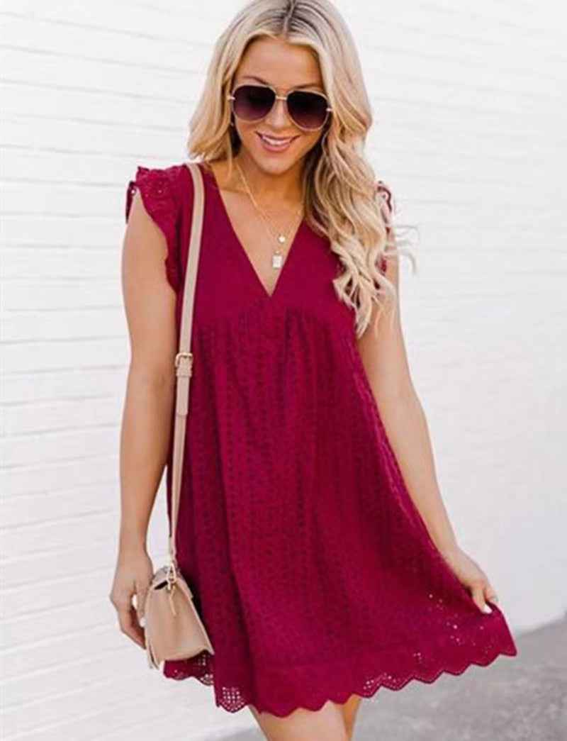 Lace jacquard hollowed V-neck dress
