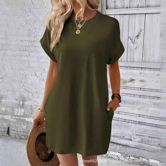 Loose Plus Size Fashion Casual Dress Solid Batwing Sleeve Tee Dress