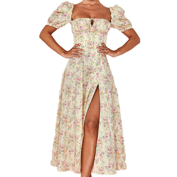 Floral Square Neck Sexy Split Swing Spring Dress Off Shoulder Flower Print Sexy Dress