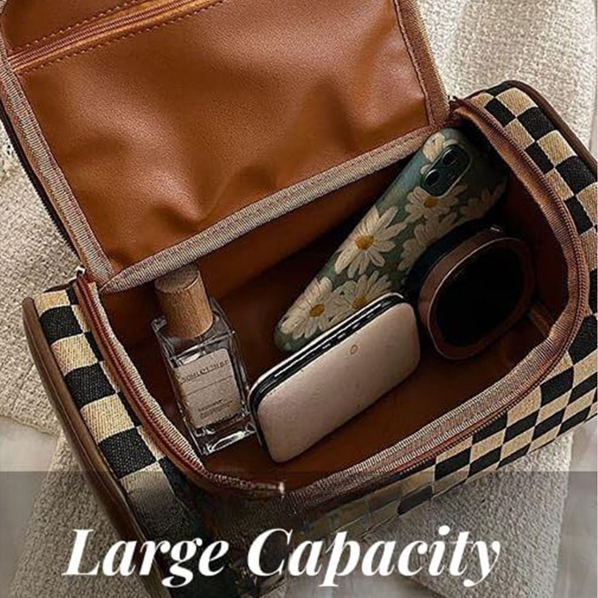 Large portable plaid cosmetic bag, large capacity toilet bag, tote zipper cosmetic storage bag, makeup bag with compartments,
