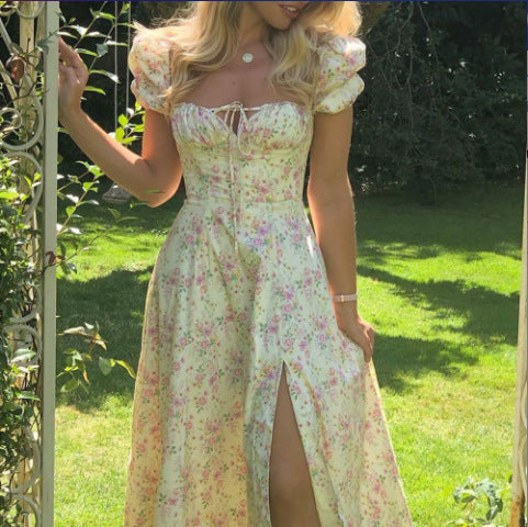 Floral Square Neck Sexy Split Swing Spring Dress Off Shoulder Flower Print Sexy Dress