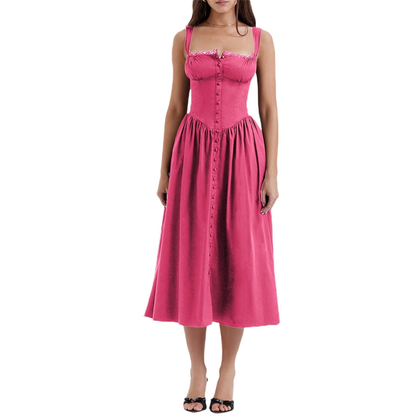 Floral Midi Corset Dress with Square Neck - Women's Smocked Lace-Up Sundress for Wedding Guest & Beach Holiday Parties