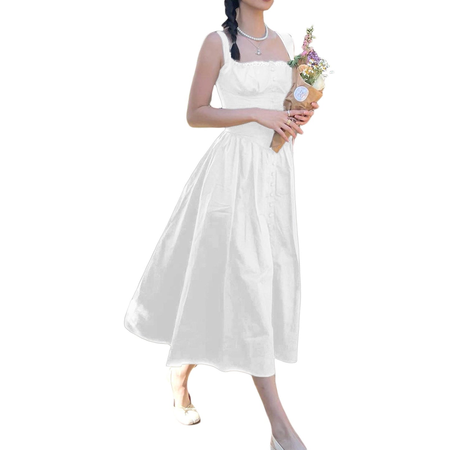 Floral Midi Corset Dress with Square Neck - Women's Smocked Lace-Up Sundress for Wedding Guest & Beach Holiday Parties