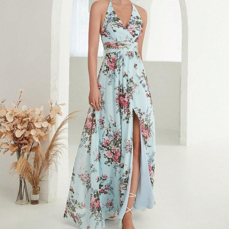 Halter Neck Open-Back Chiffon Dress
