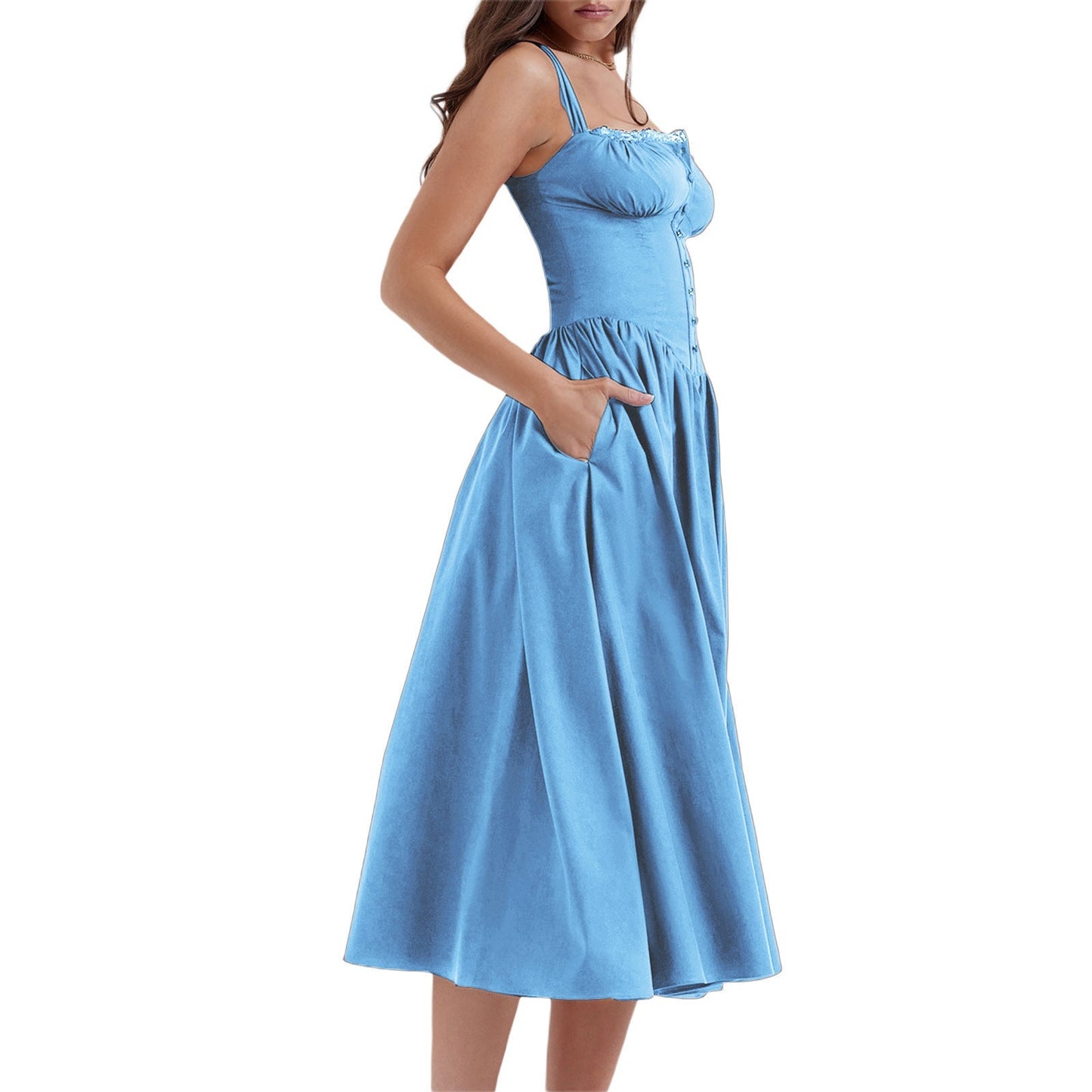 Floral Midi Corset Dress with Square Neck - Women's Smocked Lace-Up Sundress for Wedding Guest & Beach Holiday Parties