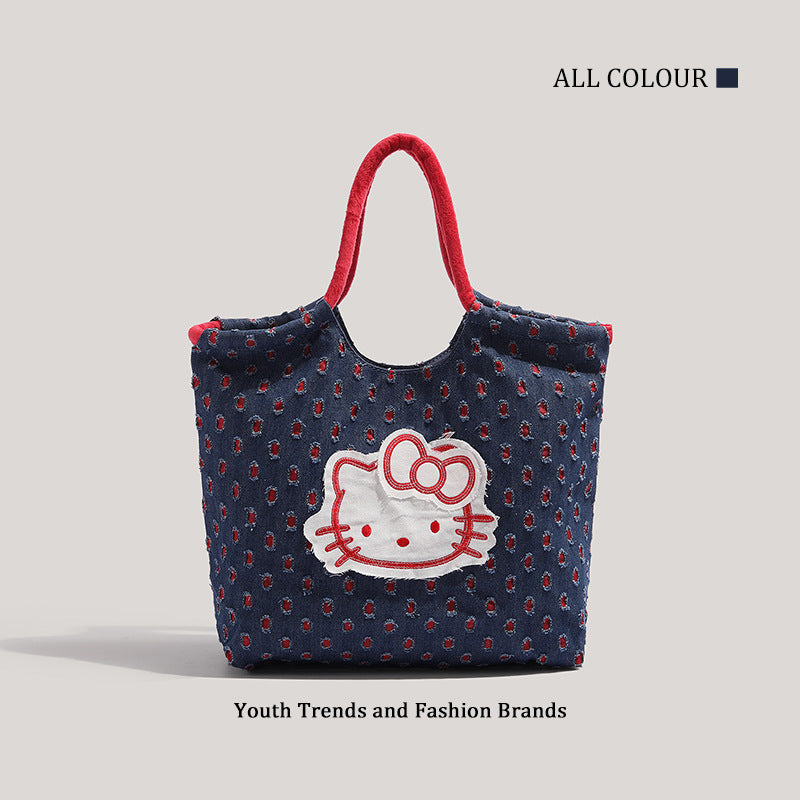 Retro denim tote bag, large capacity fashion shoulder bag, cute versatile tote bag for women