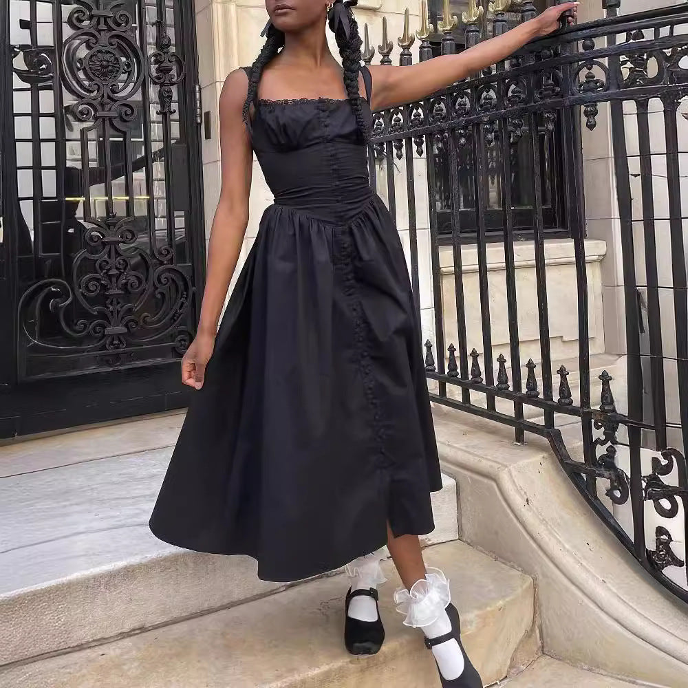 Floral Midi Corset Dress with Square Neck - Women's Smocked Lace-Up Sundress for Wedding Guest & Beach Holiday Parties