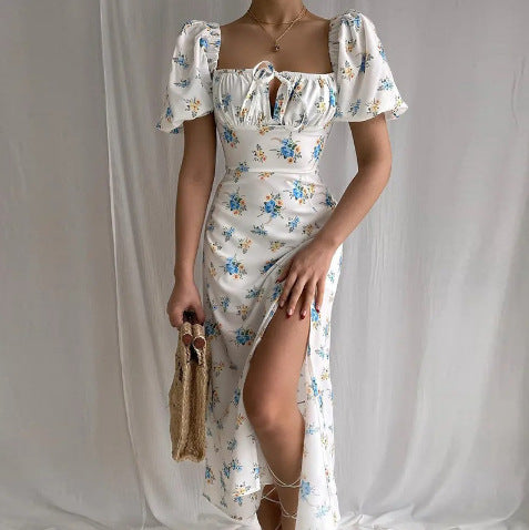 Floral Square Neck Sexy Split Swing Spring Dress Off Shoulder Flower Print Sexy Dress