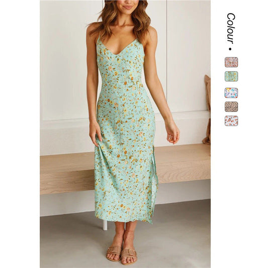 Floral Deep V Suspender Split Dress - Women's Spaghetti Strap Summer Dress