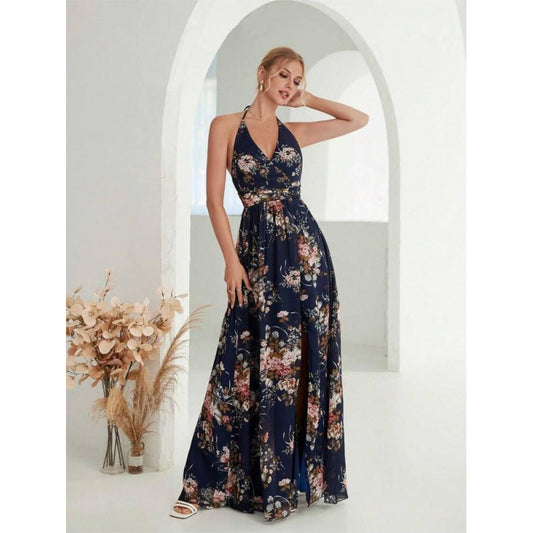 Halter Neck Open-Back Chiffon Dress