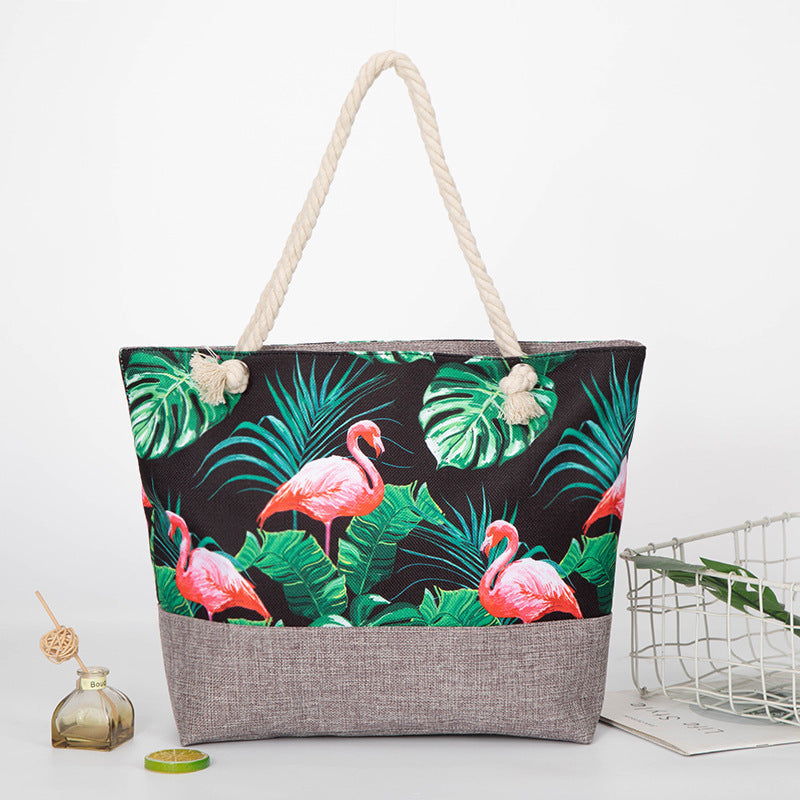 large capacity hemp rope linen ink printing shopping bag beach bag red-crowned crane shoulder seaside handbag women hobo