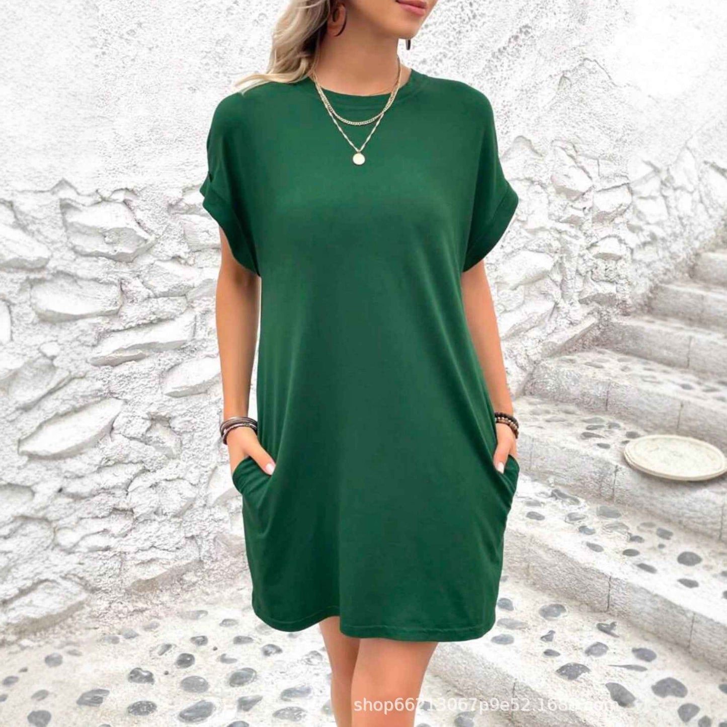 Loose Plus Size Fashion Casual Dress Solid Batwing Sleeve Tee Dress