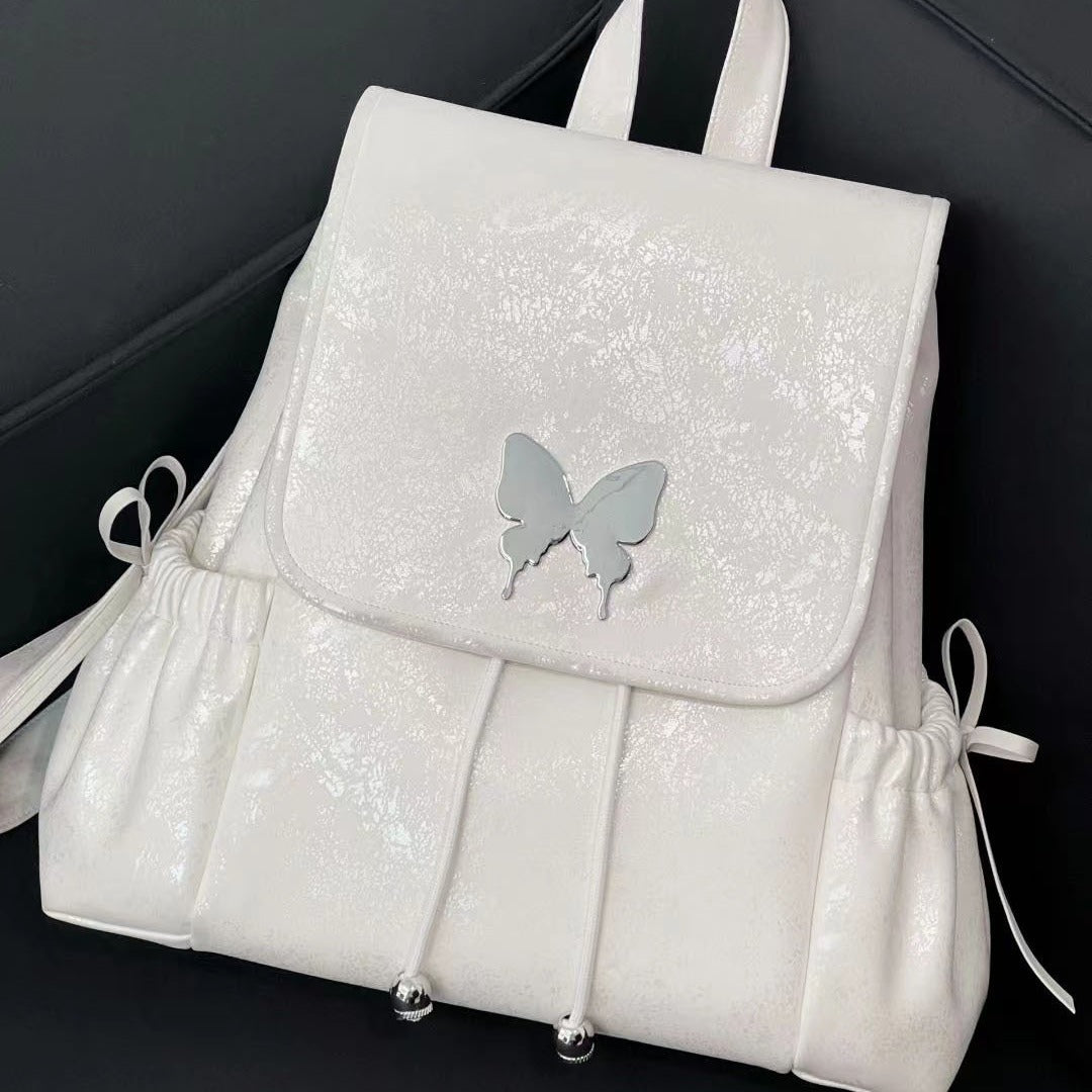 stylish White Butterfly Backpack, Female Student Backpack, Versatile Handheld Shoulder Travel Bag