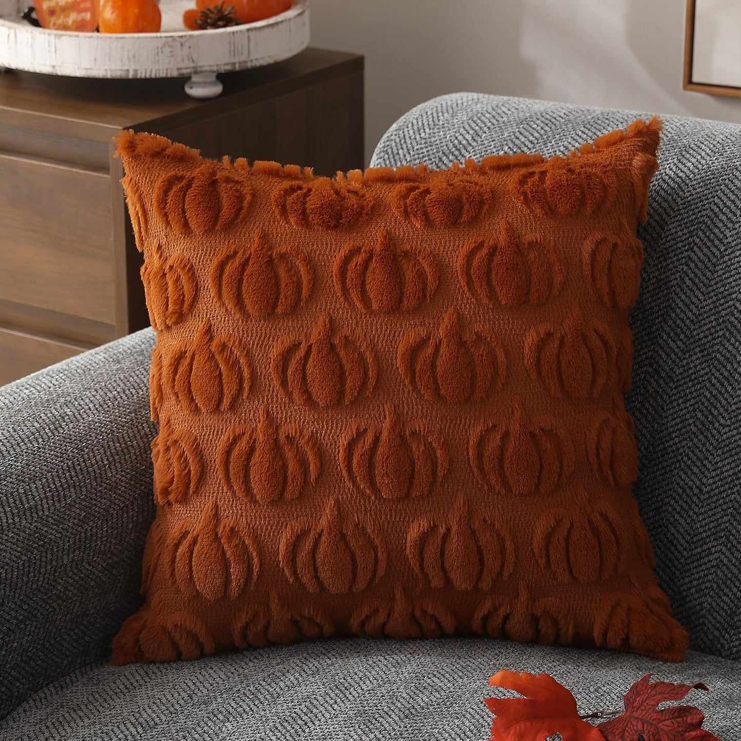 Pumpkin Fall Throw Pillow Covers - Set of 2 Rust Red Faux Fur Pillow Cases