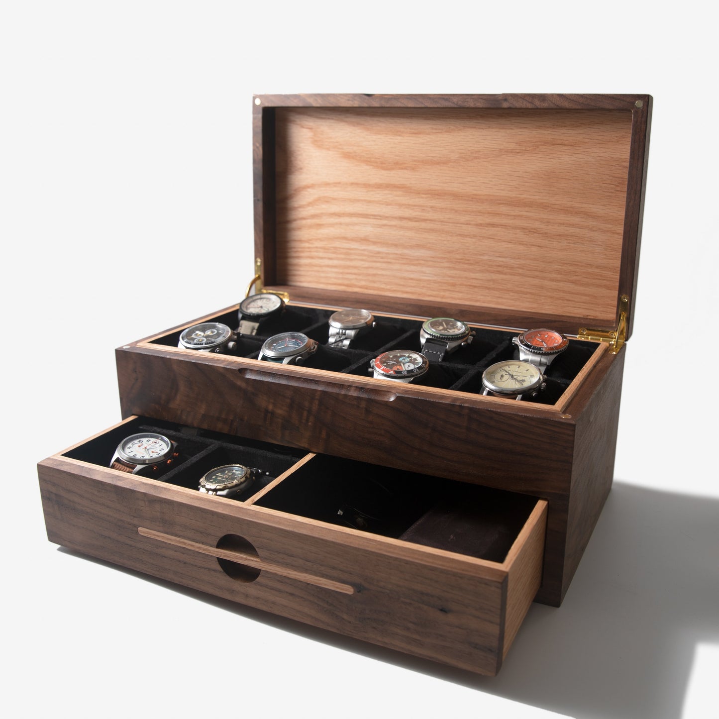 Watch Box with Drawer - Black Walnut and Oak - 12 to 16 Watch Compartments