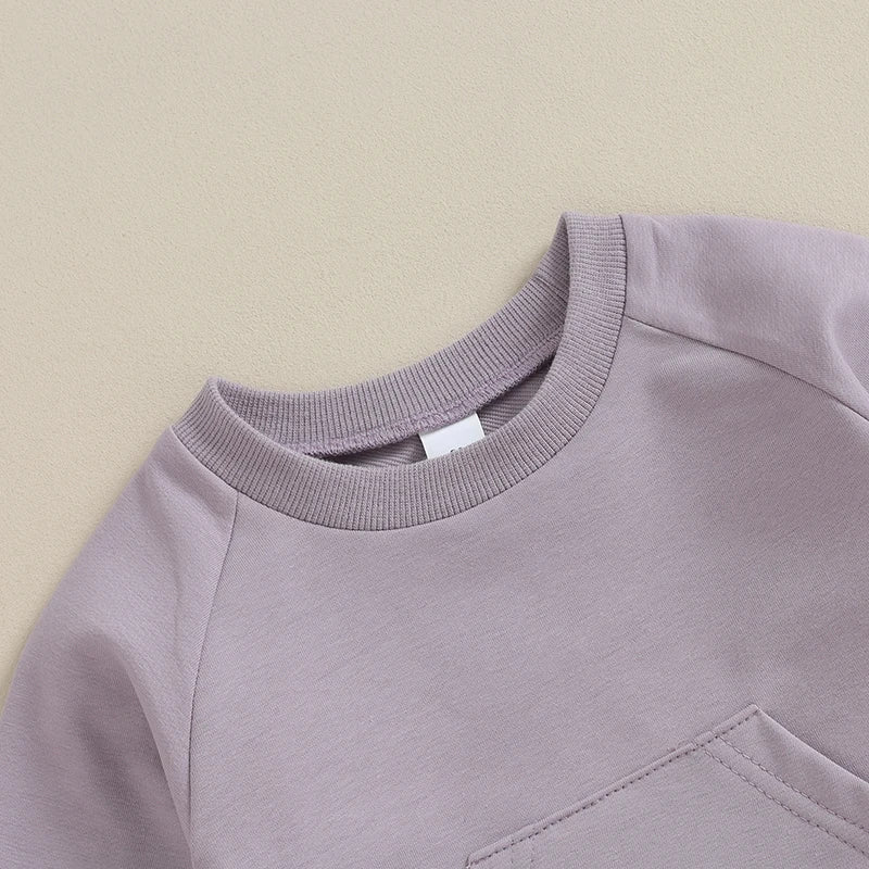 Toddler Baby Boy Girl 2Pcs Set Crewneck Solid Color Long Sleeve Top with Pocket Jogger Pants Outfit