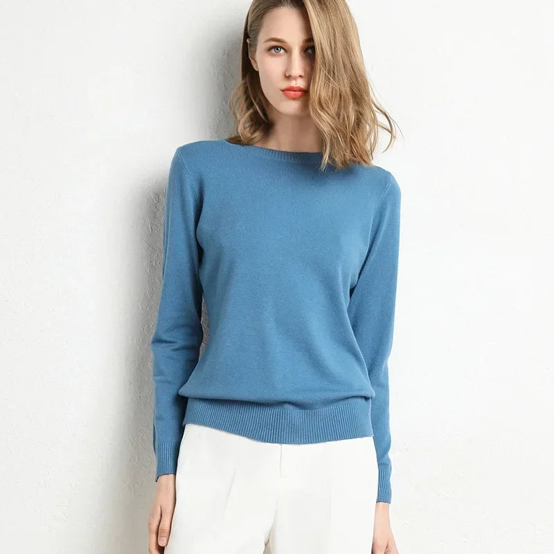 Women's Slim O-Neck Cashmere Wool Blend Sweater Trendy