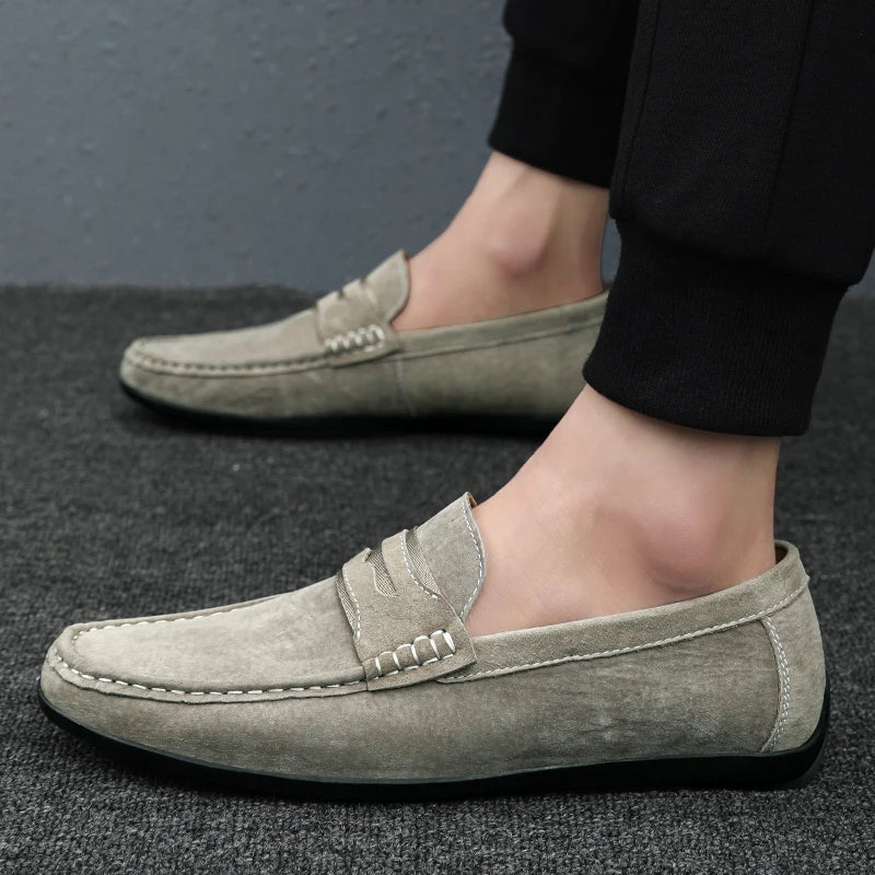 Spring Summer Suede Men Loafers Comfortable Flat Casual Shoes Men Breathable Slip-On Soft Genuine Leather Driving Shoes Moccasin