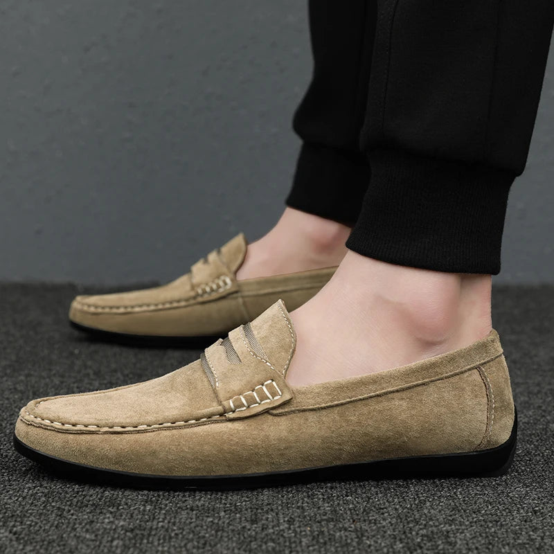 Spring Summer Suede Men Loafers Comfortable Flat Casual Shoes Men Breathable Slip-On Soft Genuine Leather Driving Shoes Moccasin
