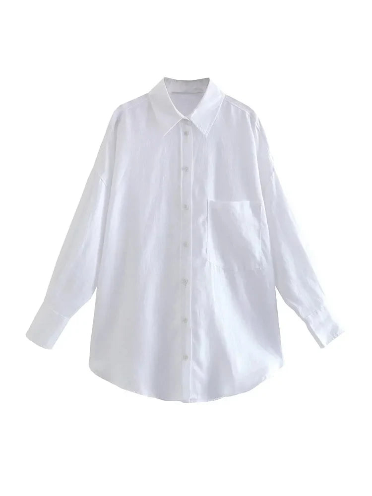 Women's Oversized Linen Shirt - Vintage Long Sleeve Pocket Blouse