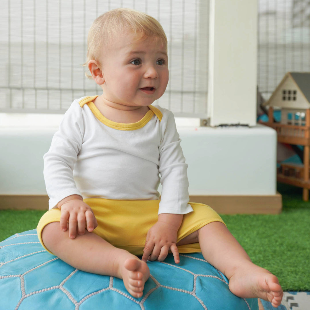 Long Sleeve Bodysuit in White with Misted Yellow