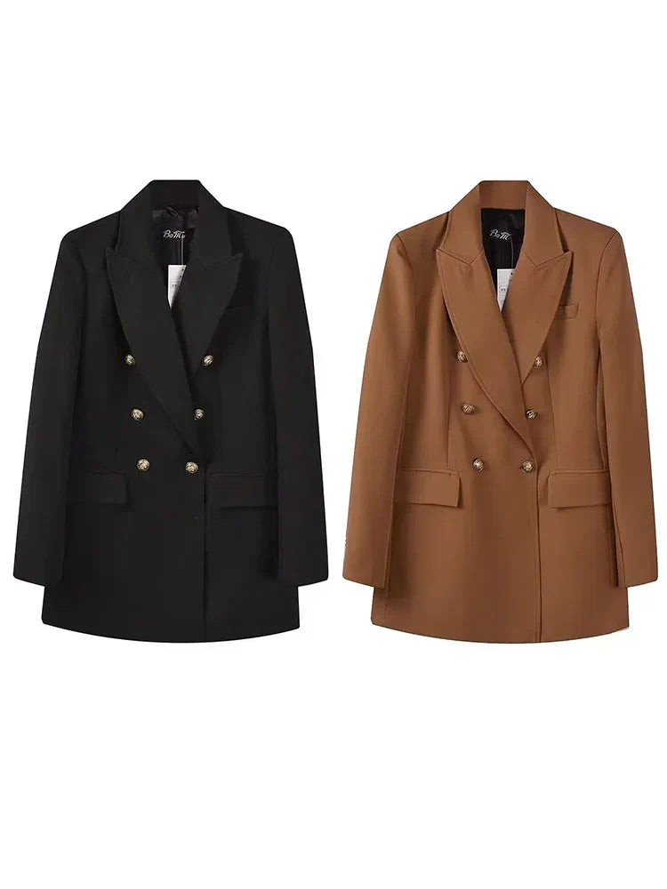 Women's Double Breasted Blazer - Vintage Long Sleeve Outerwear with Pockets