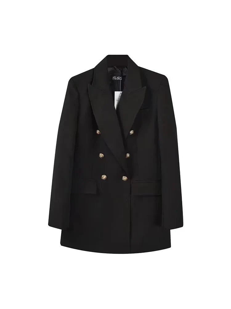 Women's Double Breasted Blazer - Vintage Long Sleeve Outerwear with Pockets