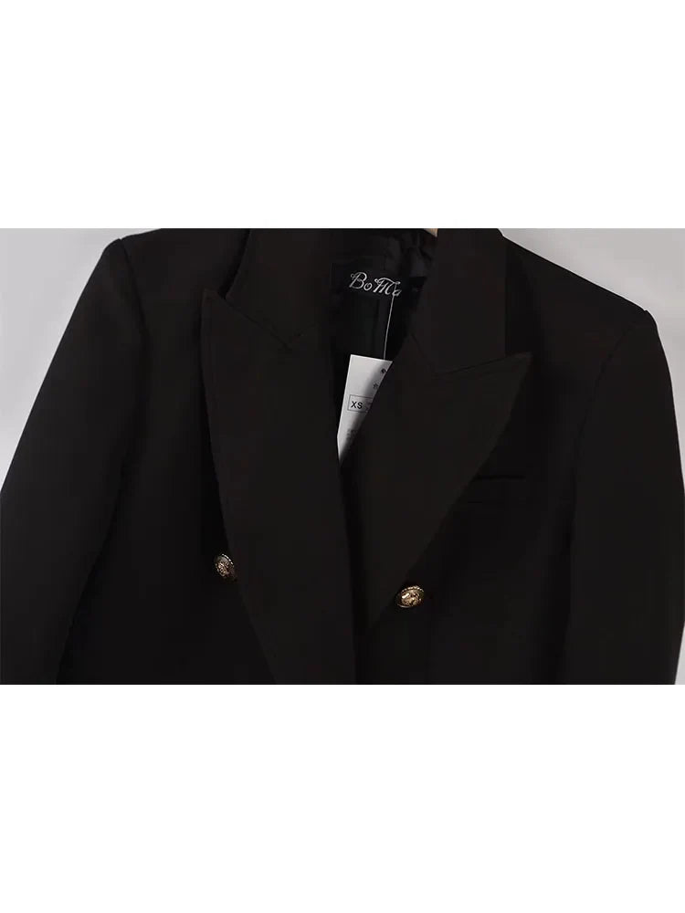 Women's Double Breasted Blazer - Vintage Long Sleeve Outerwear with Pockets