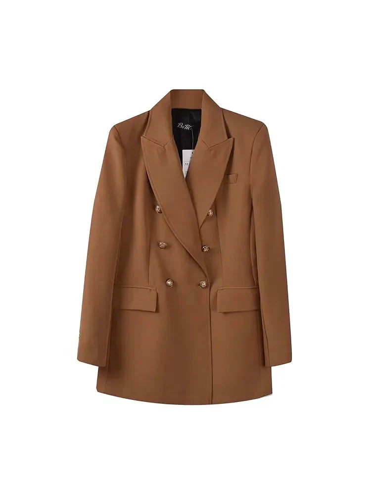 Women's Double Breasted Blazer - Vintage Long Sleeve Outerwear with Pockets