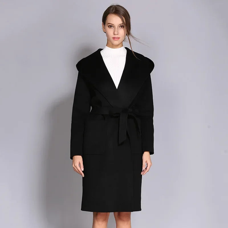 Women's Double-Sided Cashmere Wool Coat - Long Hooded Buttonless Mid-Length Coat with Lace-Up Design