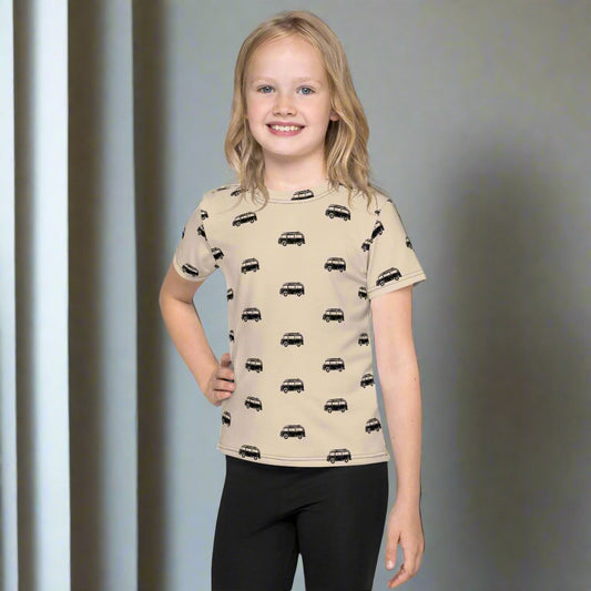 Vintage Bus Tan Black Toddler Kids Crew Neck T-shirt