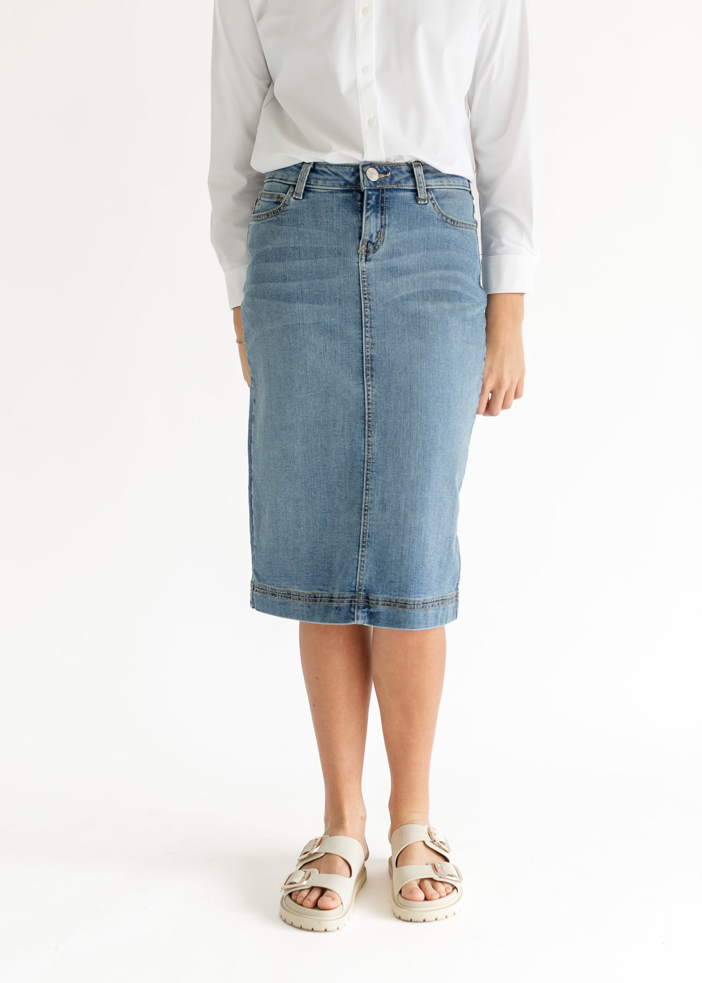 Light Wash Denim Midi Skirt