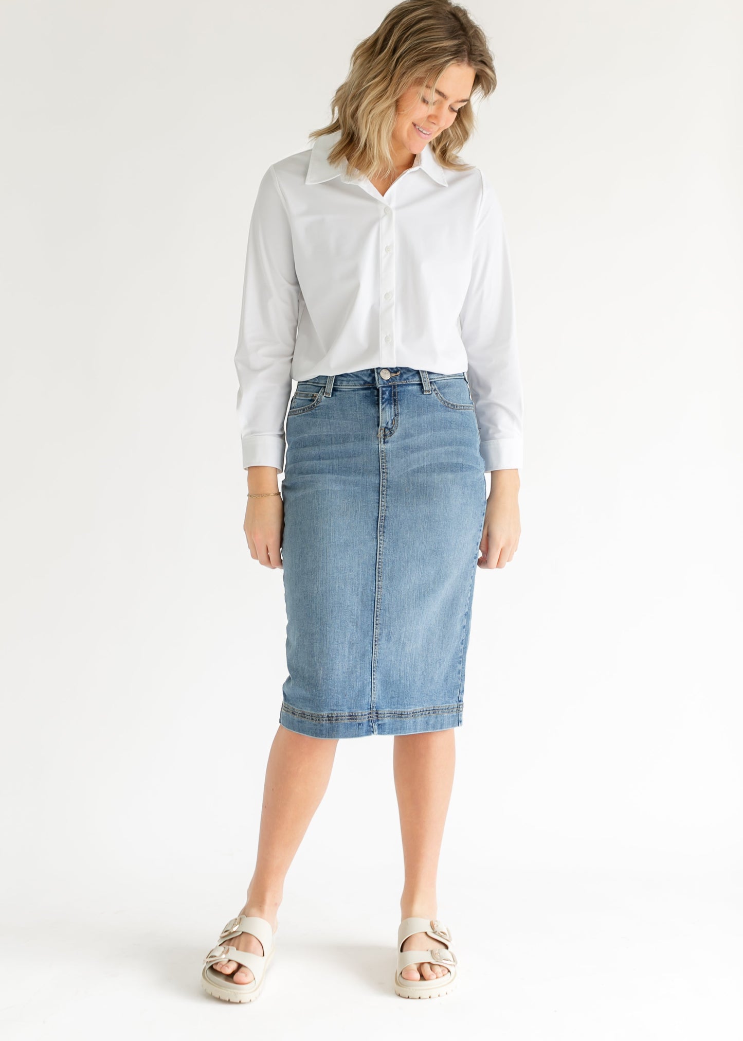 Light Wash Denim Midi Skirt