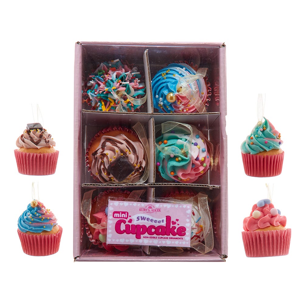 Kurt Adler 6-6.5-Inch Miniature Foam Cupcake Ornaments, 6-Piece Boxed Set