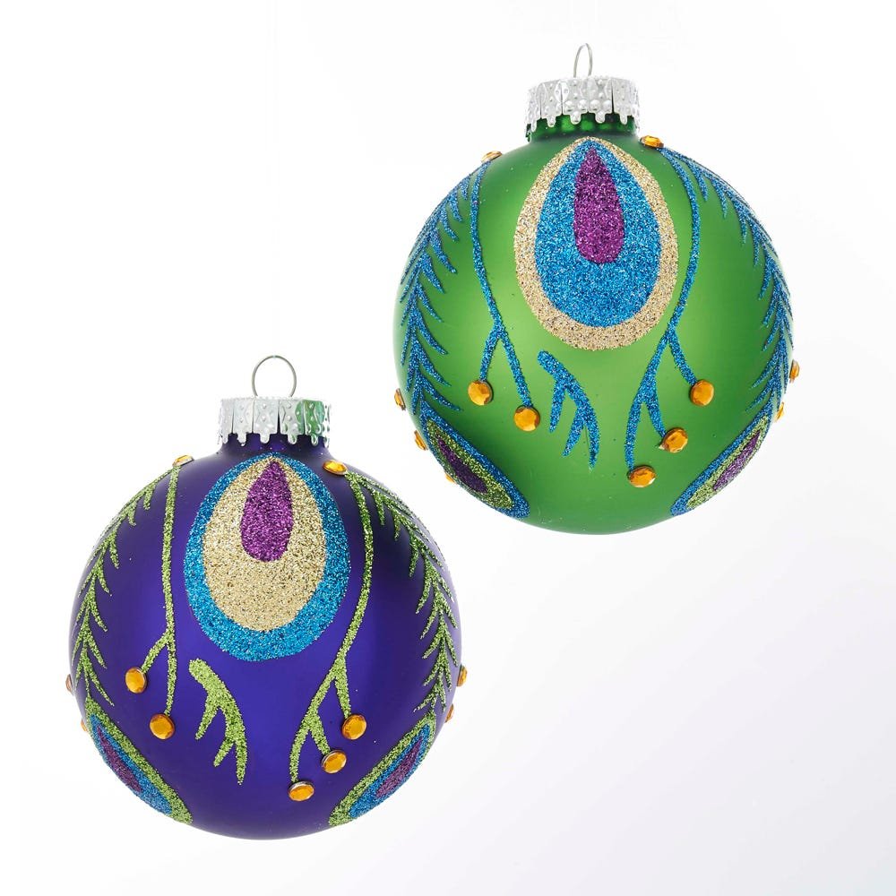 Peacock Purple and Green Glass Ball Ornaments, Set of 6