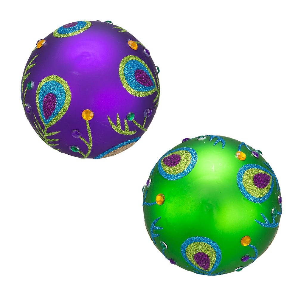 Peacock Purple and Green Glass Ball Ornaments, Set of 6