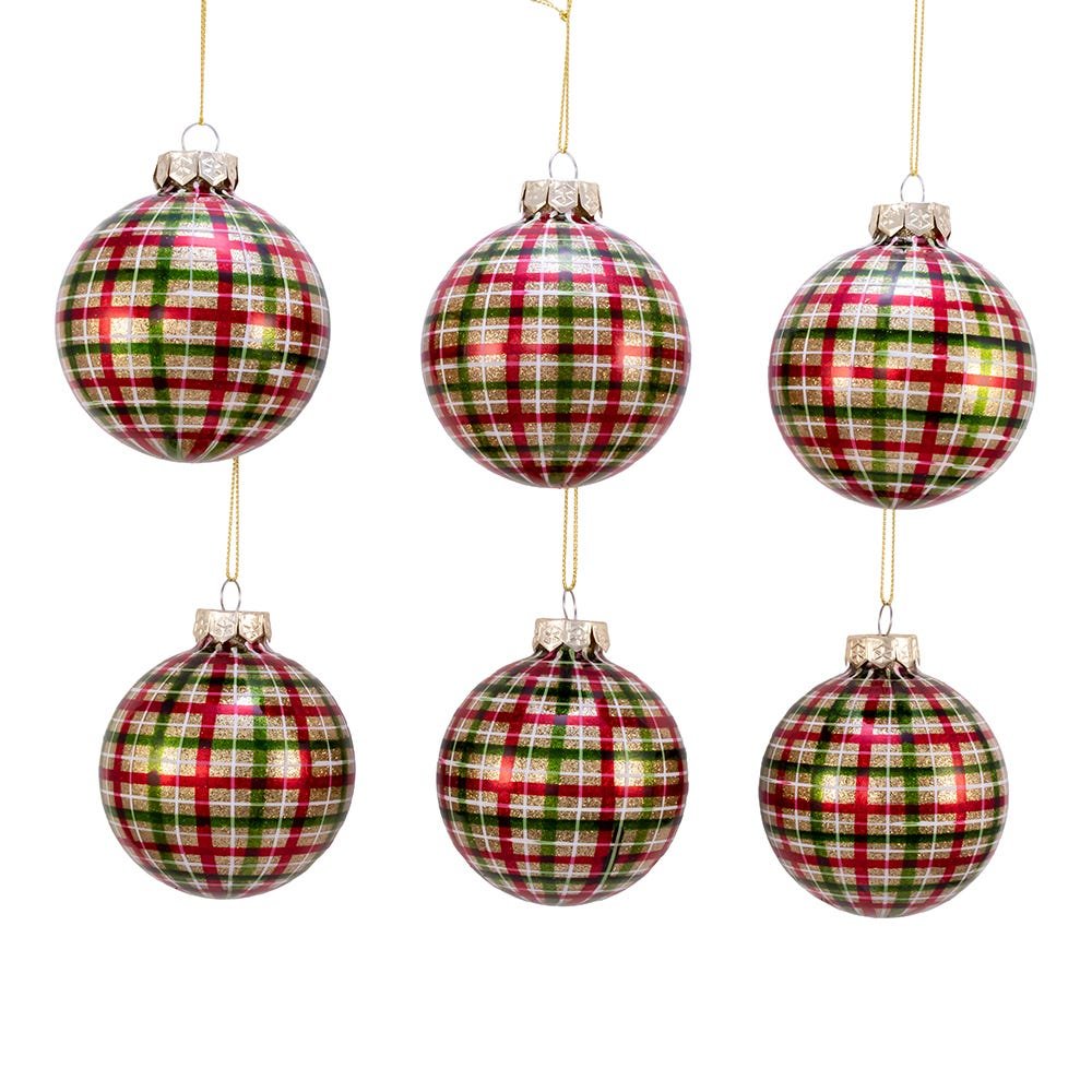 Red and Green Plaid Glass Ball Ornaments, 6 Piece Box