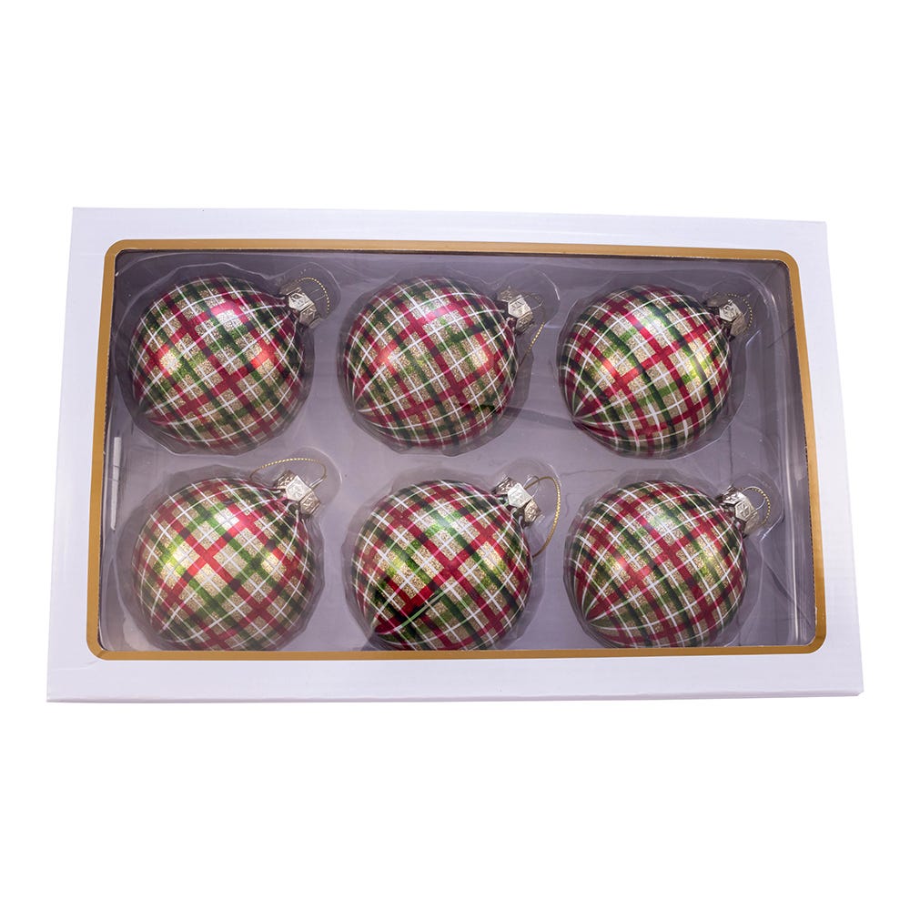 Red and Green Plaid Glass Ball Ornaments, 6 Piece Box