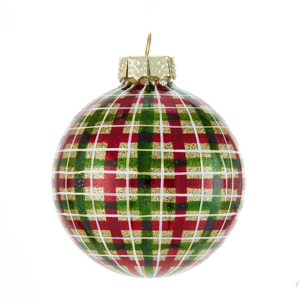 Red and Green Plaid Glass Ball Ornaments, 6 Piece Box