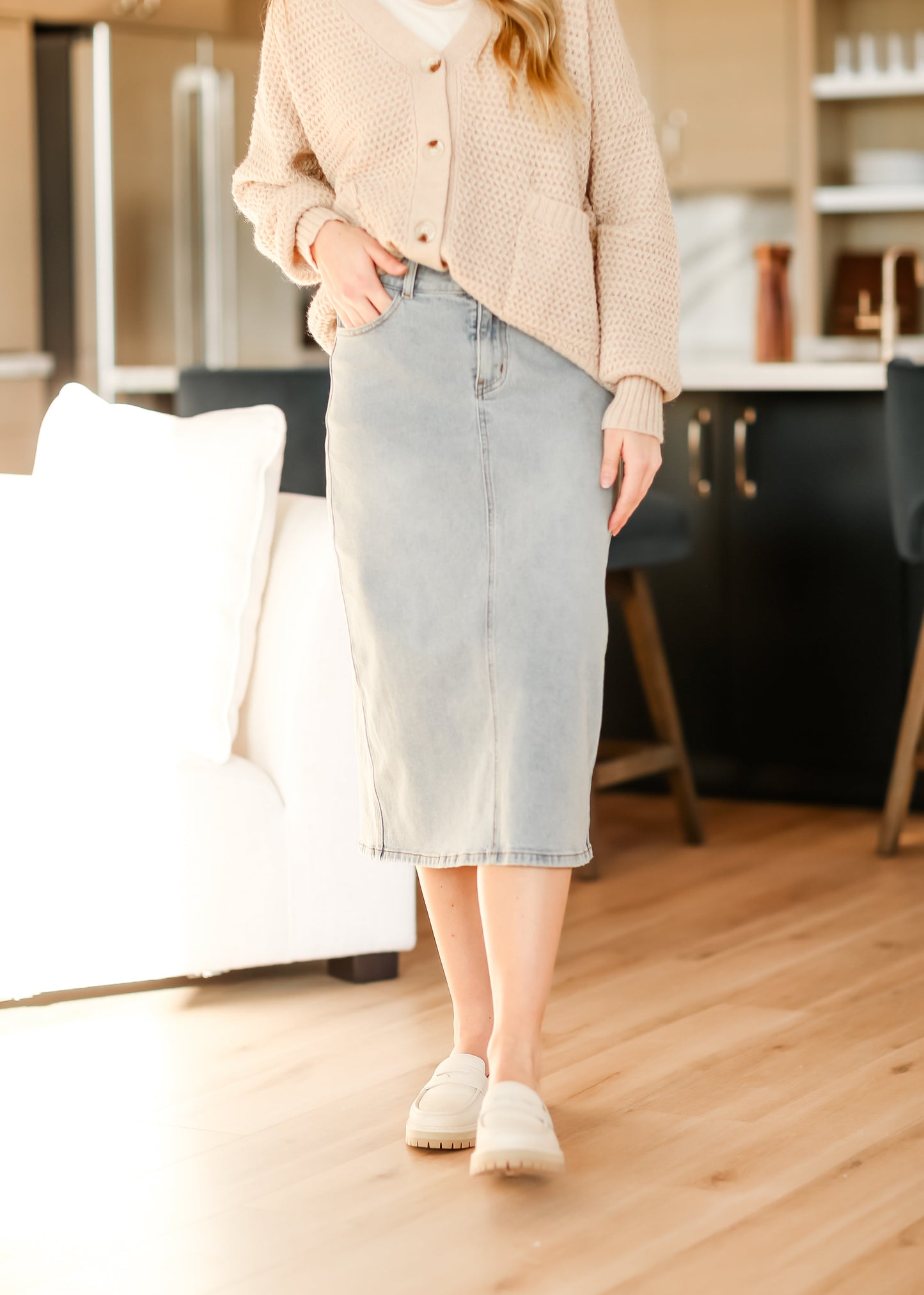 Light Wash Midi Denim Skirt