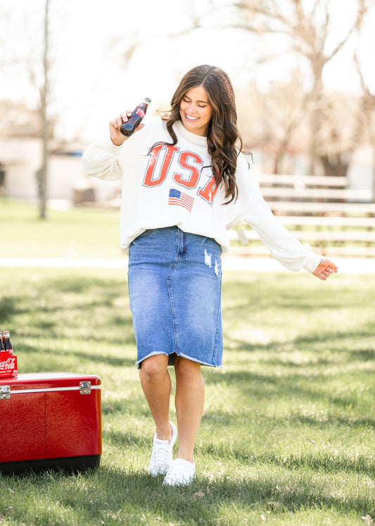 Distressed Denim Midi Skirt
