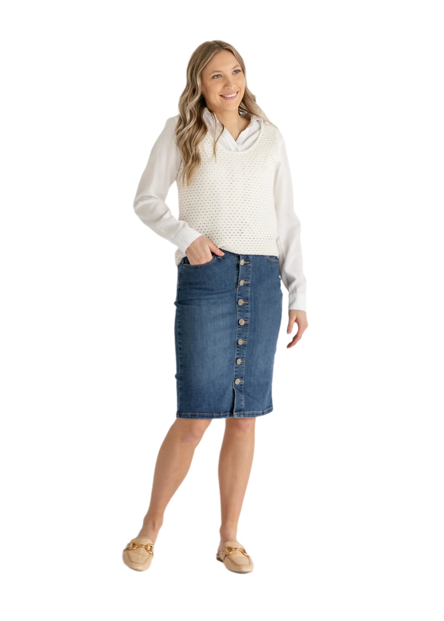 Zana Front Button Denim Midi Skirt